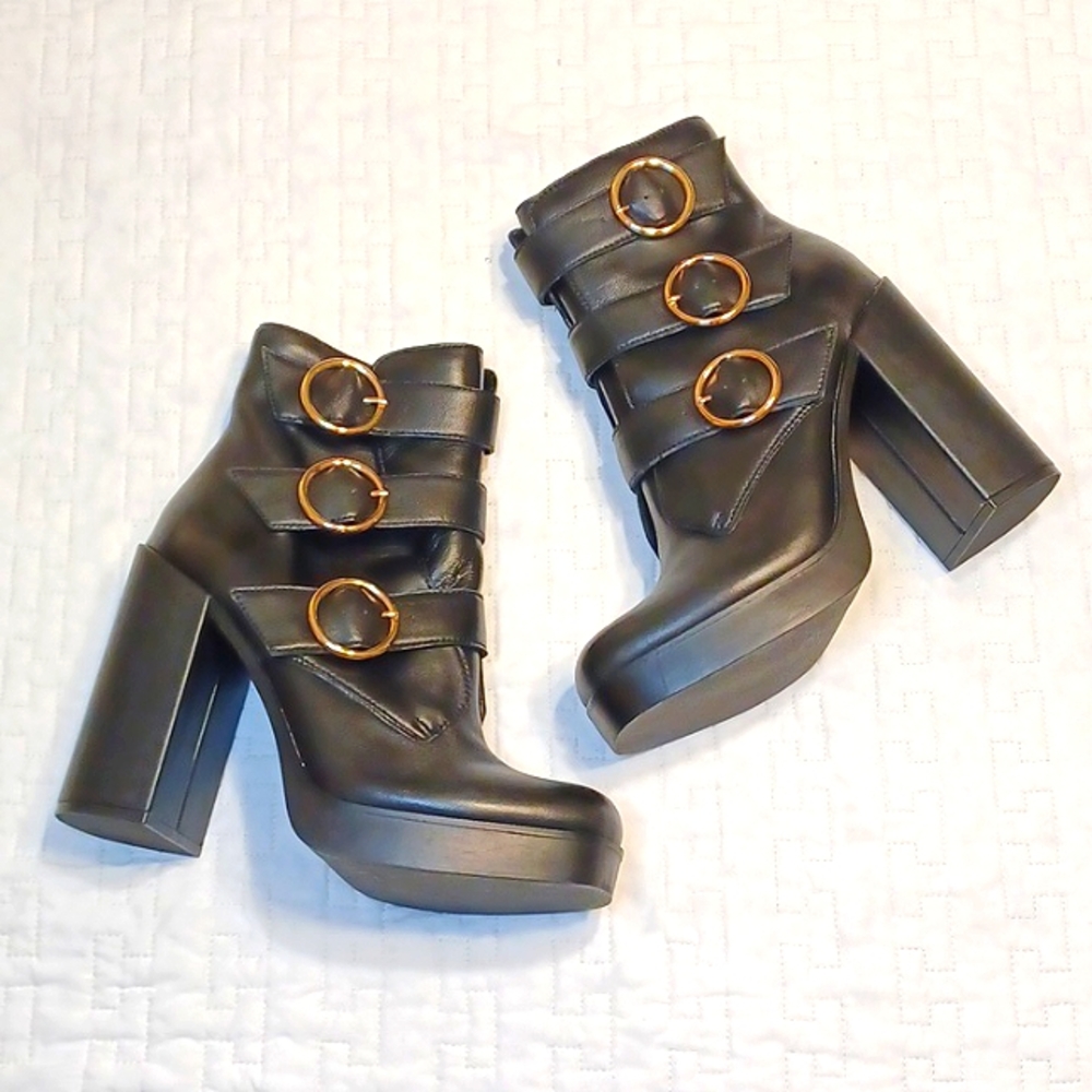 Steve Madden Black Platform Block Heel Ankle Boots with Gold Buckles